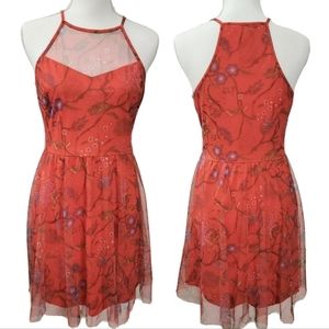 Candie's Orange w/ Multicolered Floral Mesh, Sheer Overlay Halter Dress